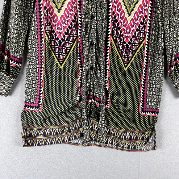 Uncle Frank Tunic Top Womens XS Geometric Button Front Tie Neck Aztec Boho Artsy - Picture 3 of 16